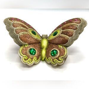 Decorative Handmade David Allen Bejeweled Green & Pink Stone Butterfly Figure